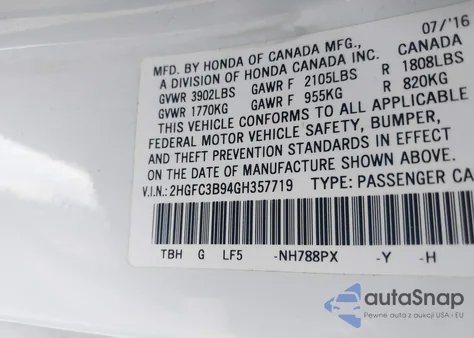 2016 Honda Civic Touring from USA, damaged, VIN 2HGFC3B94GH357719